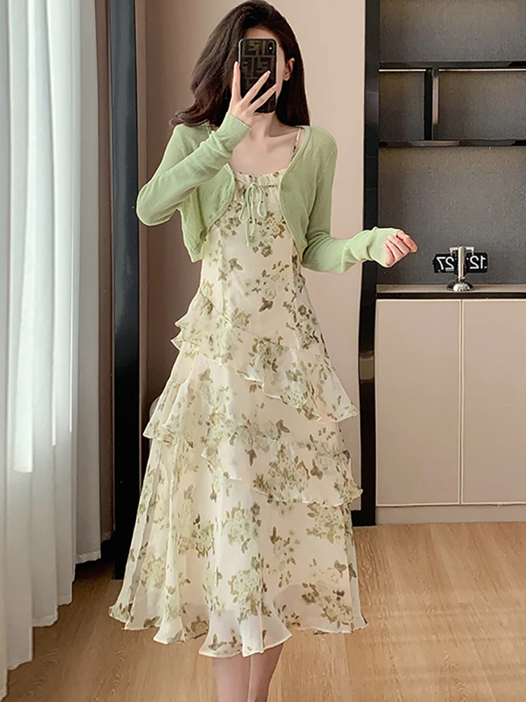 

Женский трикотажный комплект из двух предметов, зеленый кардиган и длинное шифоновое платье с цветочным рисунком, весна-осень 2024