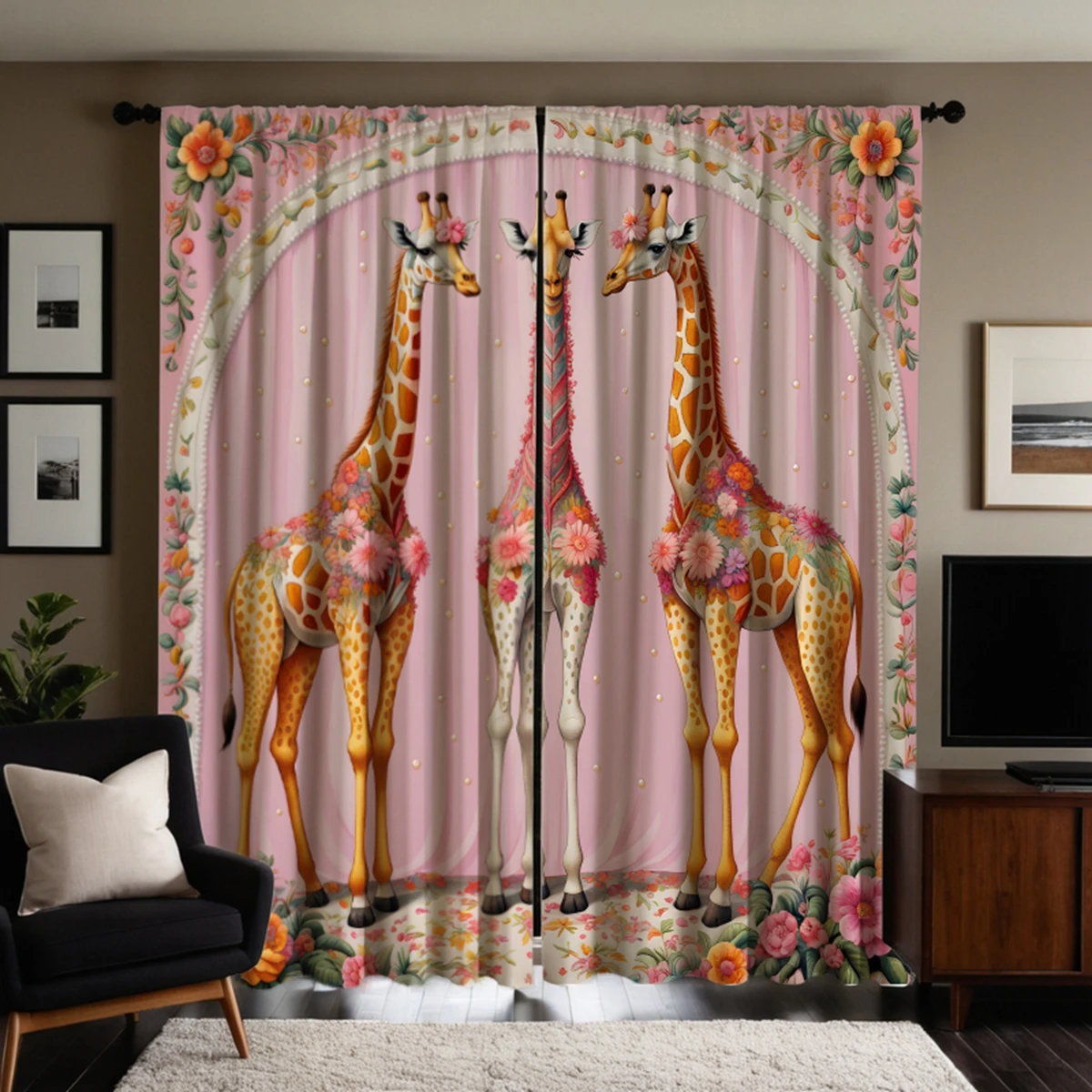 2 pieces of HD Girly powder flower decoration Giraffe decorative curtain Pink tie digital printed curtain Home Decoration style 5