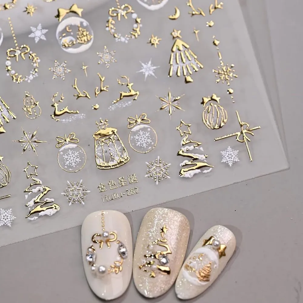 5D Embossed Gold Christmas Crystal Ball Wreath Nail Sticker Shiny Bronzing Snowflake Snowman Nail Decals Xmas Decor 1pcs #7