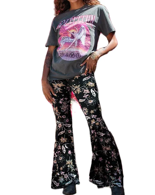 

Women Floral Print Flare Pants Ethnic Style Slim Trousers Summer High Waist Casual Sweatpants Bottoms Pants