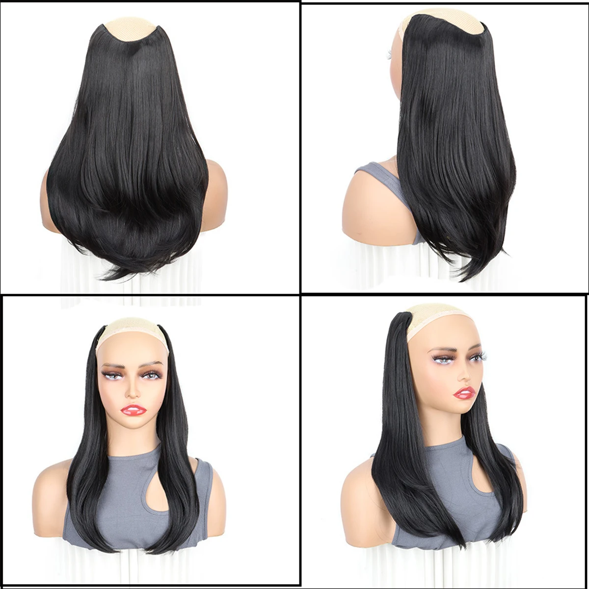 Synthetic U-shaped hair extension piece is naturally bent and clamped in a woman's hair invisible hair piece