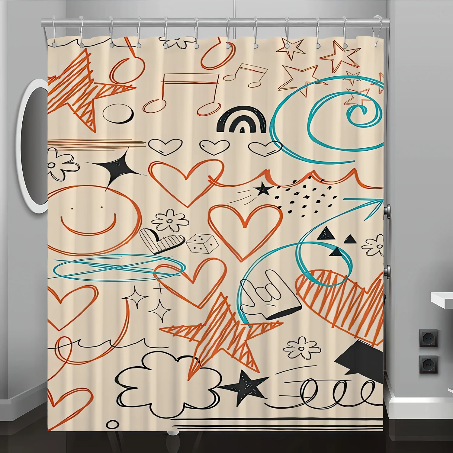 ม่านอาบน้ำพิมพ์ลายดิจิทัลลายการ์ตูนวาดมืออย่างมีสไตล์ 1 ชิ้น - ลายหัวใจสีสันสดใส ดาว และอื่นๆ ดีไซน์สวยงาม ซักเครื่องได้ 1