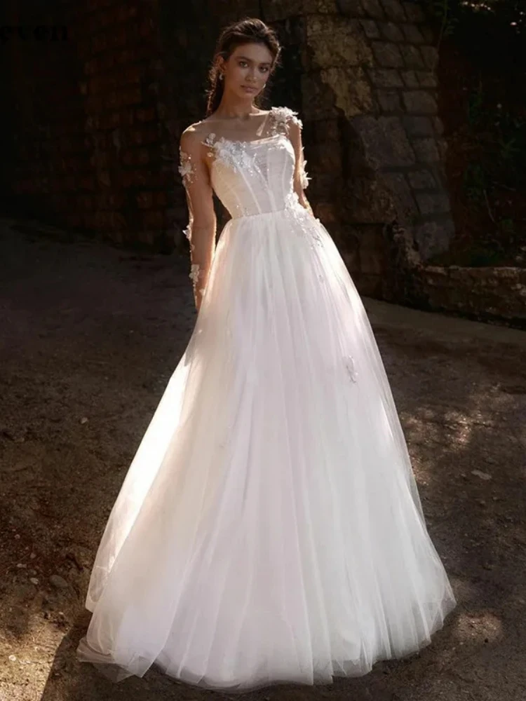 

Elegant A Line Wedding Dress Tulle With Illusion O Neck Full Sleeves With 3D Flowers Beaded Button Back Floor Length Bridal Gown