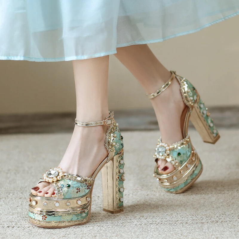 

Luxury Pearl Rhinestone Design Sunflower Open Toe Sandals Retro Wedding Bride 14cm High Heels New Sexy Summer 34-43 Women Shoes