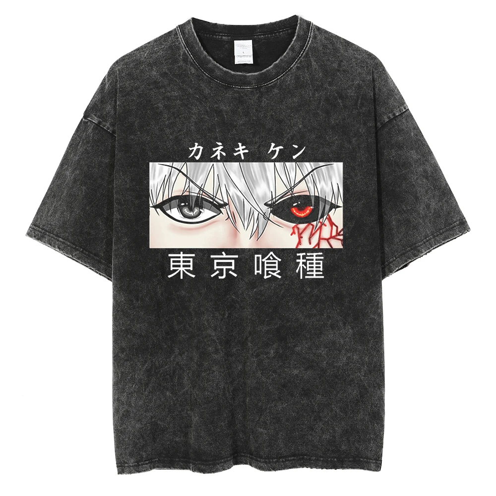 

Harajuku Streetwear Vintage T-Shirt Japanese Anime Tokyo Ghoul Oversize T Shirt Washed Black Tshirt Men Summer Cotton Top Tees