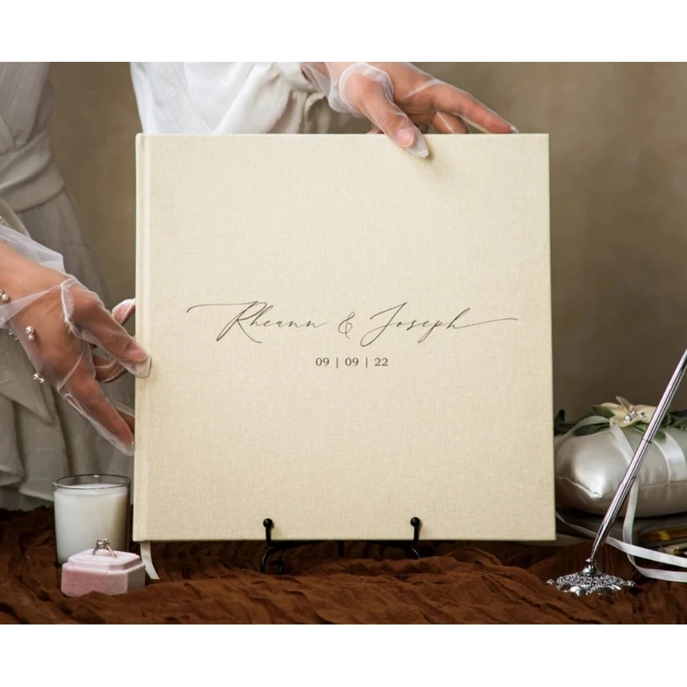 

12x12 Premium Canvas Linen Cream Guest Book - Lined Wedding Reception Guestbook, Engagement Party Modern Signing Book, Wedding D