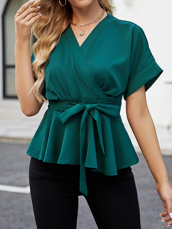 

New Fashion Women's Short-sleeved Temperament Dark Green V-neck Commuter Women's Casual Lotus Leaf Edge Waist Slimming Top