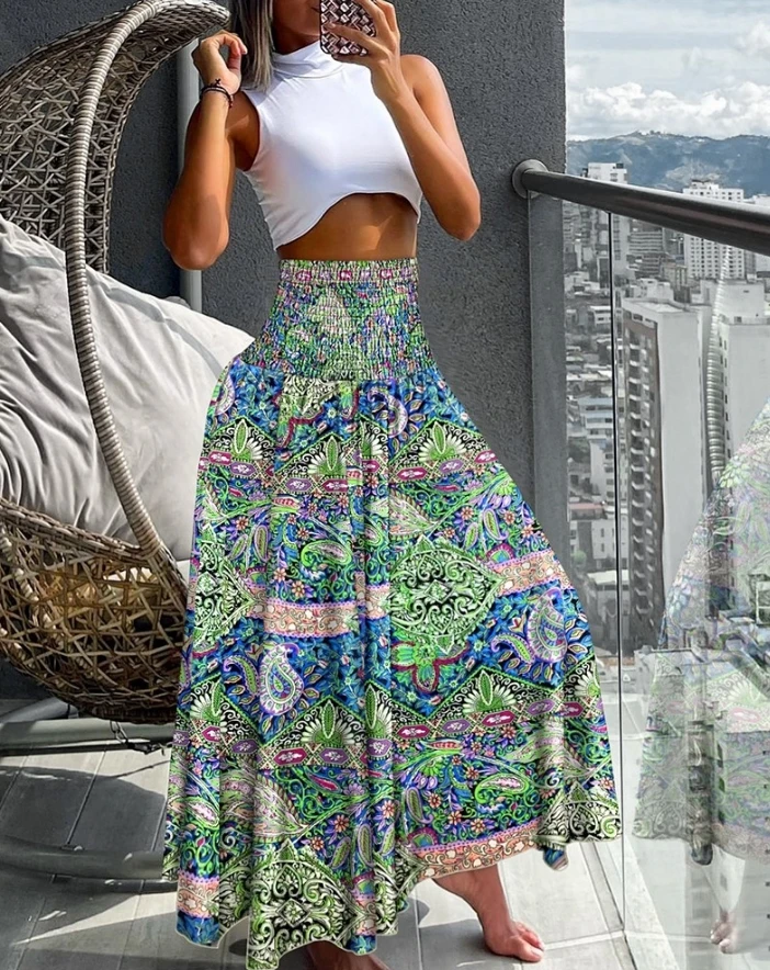 New Series 2024 Summer Women's Wear Floral Print High Waist Shirred Wide Leg Pants