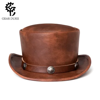Gothic Punk Halloween Top Hat - Industrial Retro PU Leather Round Crown Unisex Magic Hat for Steampunk Party