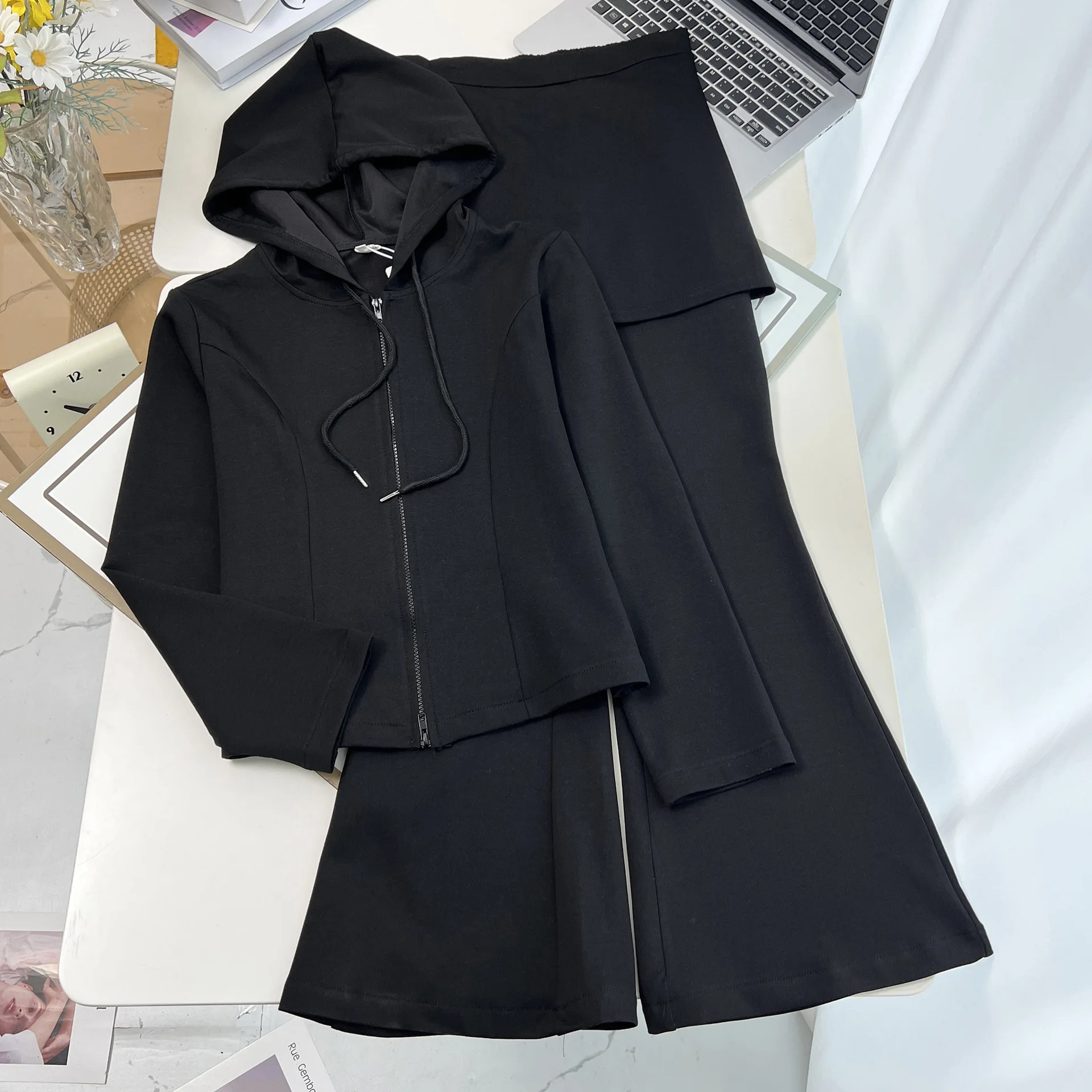 XXXXL Fashion Plus Size Women's Sets Casual Autumn Hooded Zipper Top And Flared Long Pants Two Pieces Set