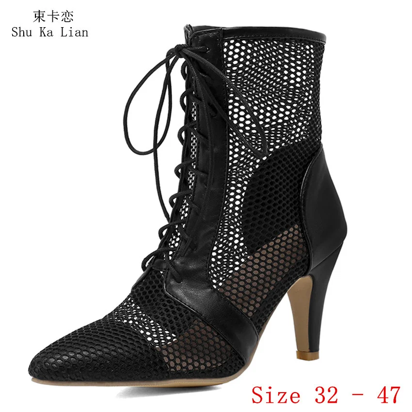 

High Heel Shoes Air Mesh Women Ankle Boots Summer Gladiator Sandals Woman Short Boots Small Plus Size 32 - 47