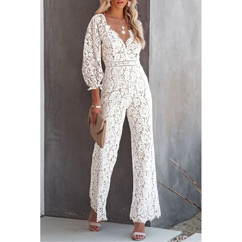 Autumn and winter women explosions nine-point sleeve V-neck slim lace jumpsuit