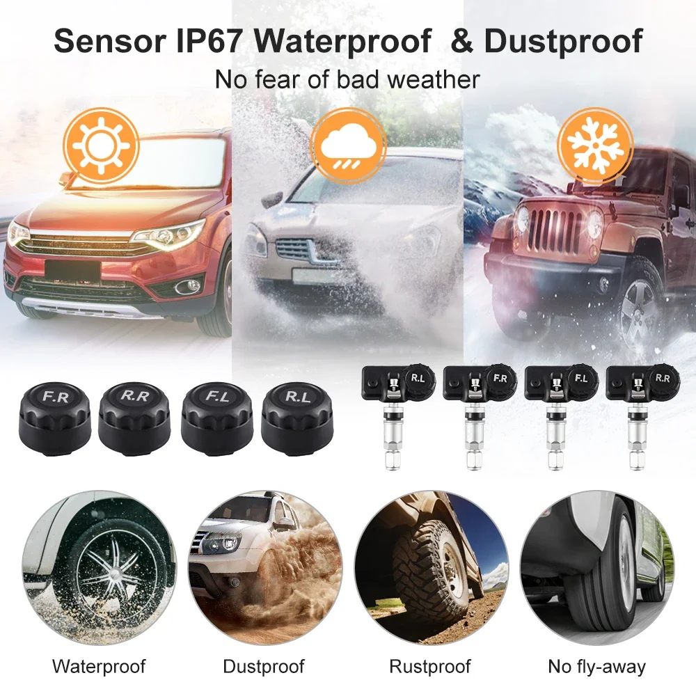 TPMS Car Tire Pressure Sensors Solar Tire Pressure Monitoring System TMPS Temperature Alarm Auto 4 Wheel Tyre External Sensor