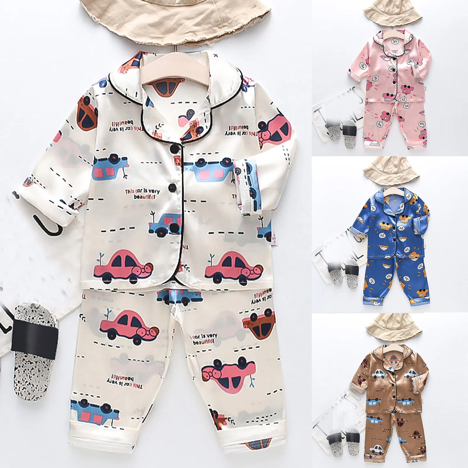 Toddler Kids Baby Boys Girls Satin Cartoon Button Down Shirt Tops + Long Pants Silk Toddler Girl Pajamas 5t Kitty for