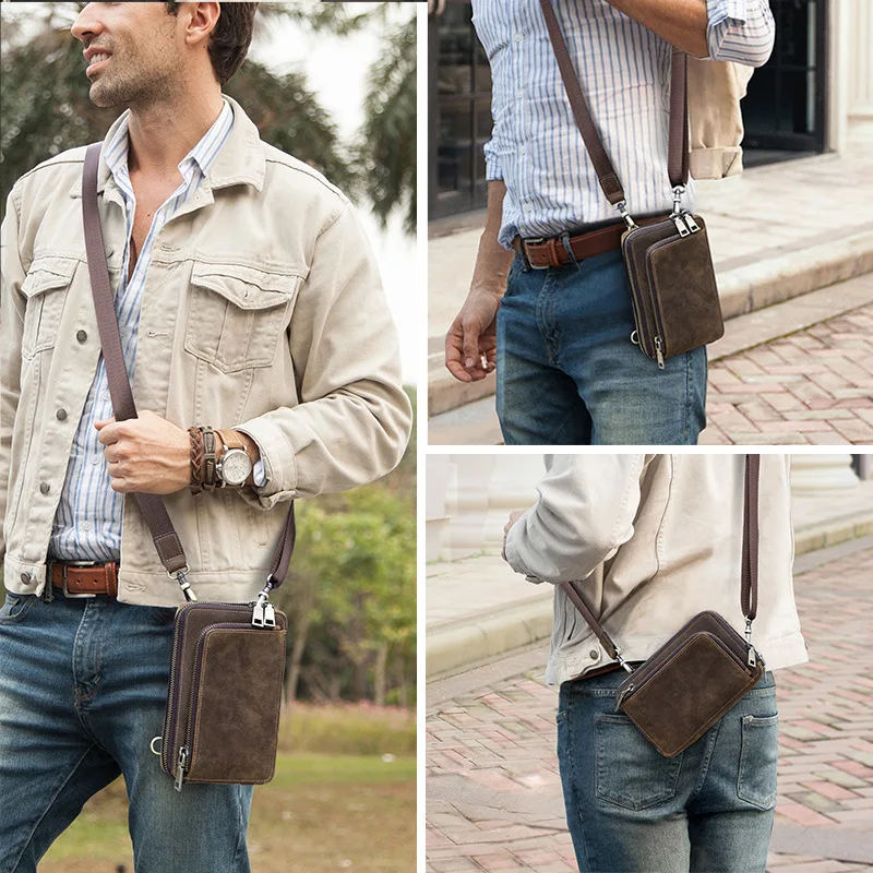 New Men's Mobile Phone Baotou Layer Genuine Leather Handbags Woman's Fashion Casuals Small Single Shoulder Crossbody Bags Female