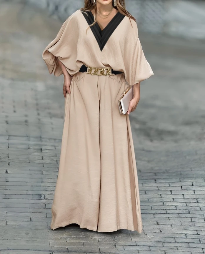 Set Woman 2 Pieces Elegant 2024 Fashion Loose Three Quarters Sleeve V-Neck Lantern Sleeve Top & Wide Leg Pants Set with Belt