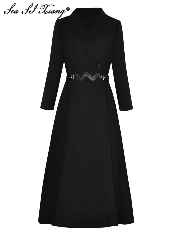 

Seasixiang Fashion Designer Autumn Dress Women Turn-down Collar Long Sleeve Belt Black Office Lady Single Button Dresses