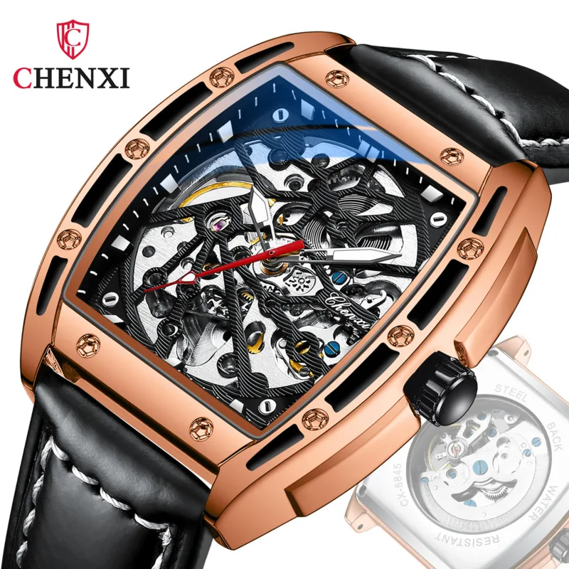 

Wine Bucket Dial Men's Mechanical Watch Leather Strap Waterproof Fully Automatic Hollowed Out Cool Mechanical Watches For Men's