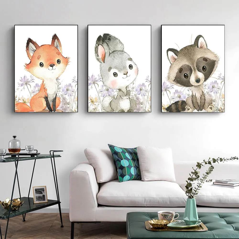 

Woodland Animals Painting Print Forest Critters Canvas Watercolor Wildflower Picture Nursery Wall Art For Girl Room Home Decor