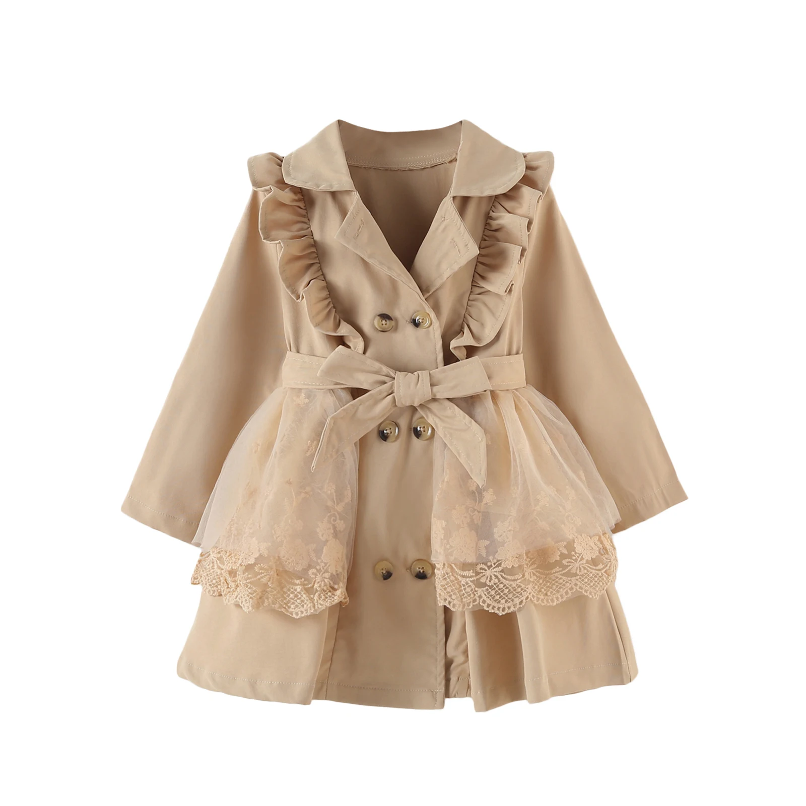 Girls Trench Coats Kid Baby Girl Winter Trench Coat Lace Mesh Patchwork Long Sleeve Lapel Ruffle Double Breasted Windbreaker Outwear with Belt 2-7T kids jacket girls trench coats