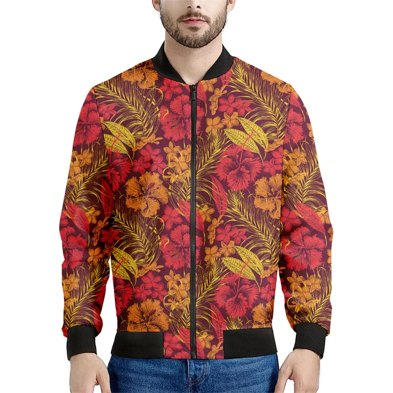 thumbnail image 1 of Chaqueta con cremallera y estampado de flores hawaianas para hombre, sudadera con estampado de plantas tropicales en 3D, sudaderas estilo bomber, abrigos de manga larga de gran tamaño, 1 of 5