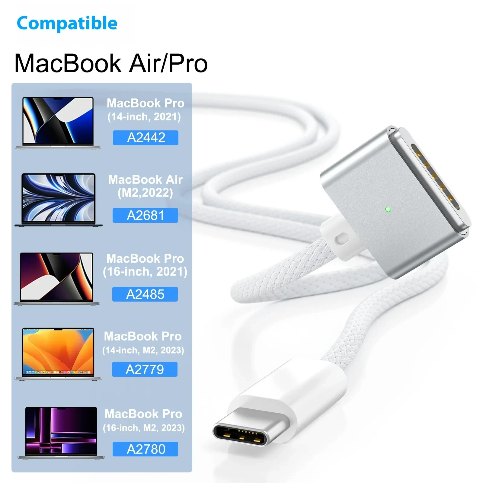 2M USB Type C to Magnetic Magsafe 3 Cable Charger Adapter 140W PD