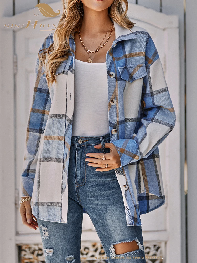 

2023 New Autumn Winter Blue Khaki Plaid Jacket Women Coat Women's Loose Casual Vintage Jacket With Belt Sweater Coat SR1132