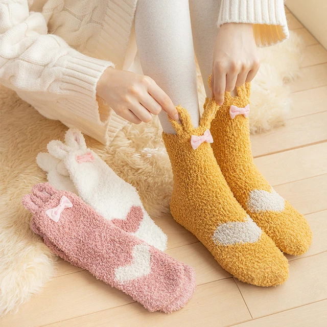 Cute Bunny Ear Coral Fleece Fuzzy Socks Women Socks 2023 Winter Autumn  Rabbit Happy Funny Socks For Girl Warm Winter Female Home - AliExpress