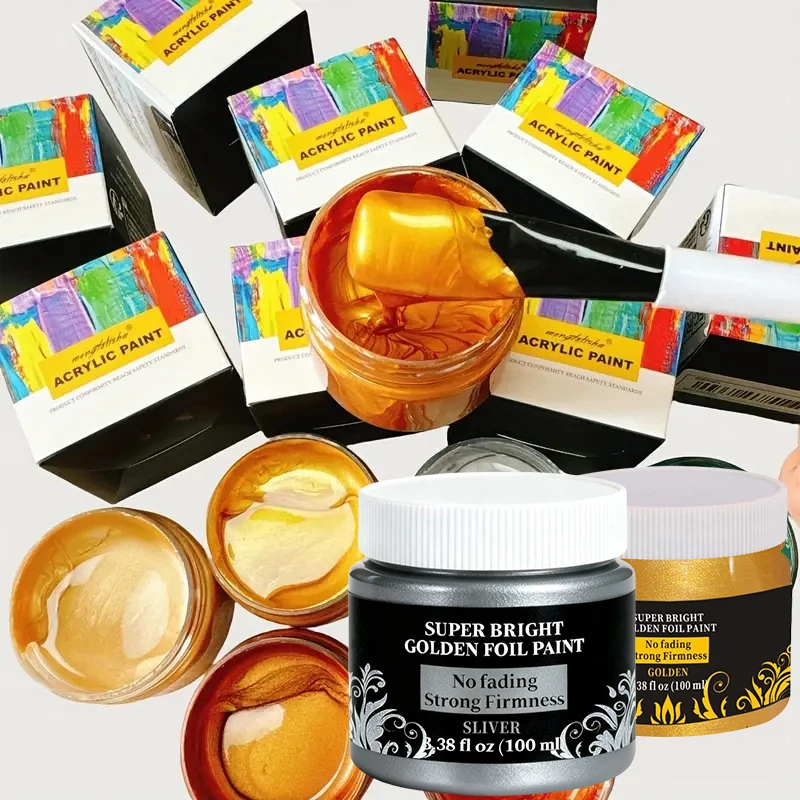 Waterproof 100ml/3.4oz Golden/Silver Paint Metallic Acrylic Paint | For Coloring DIY Hand Clothes Painted Graffiti Pigments - 2