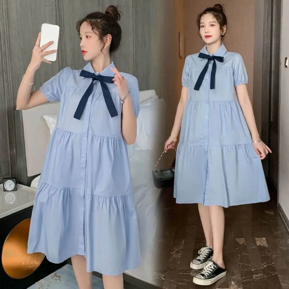 Bowknot Girl Princess Dress Preppy Style Loose Teenagers Shirt Dress Puff Short Sleeve Sweet Children Bubble Dresses Summer