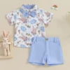 0-4Y Toddler Boys Easter Outfits Carrot Rabbit Print Bow Tie Short Sleeve Shirts Tops and Shorts Sets Kids Summer Clothes 1