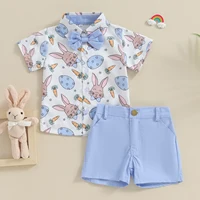 0-4Y Toddler Boys Easter Outfits Carrot Rabbit Print Bow Tie Short Sleeve Shirts Tops and Shorts Sets Kids Summer Clothes 1