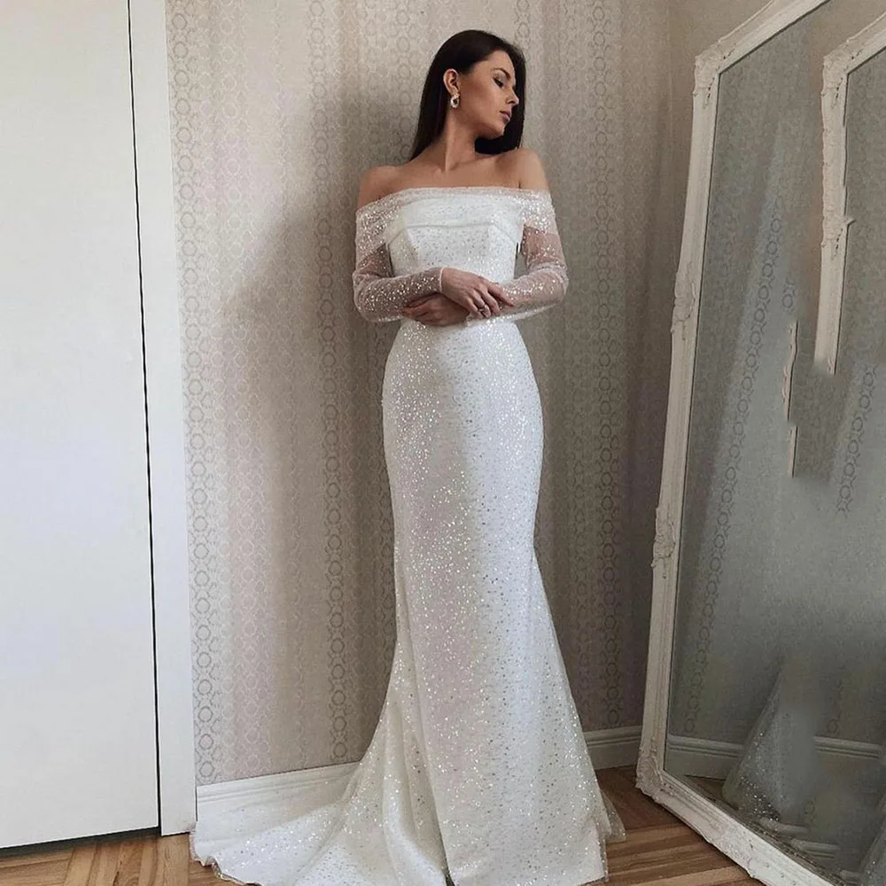 LORIE Classic Mermaid Wedding Dresses Ruched Off Shoulder Glitter Beadings Bodycon  Bridal Gowns Tiered Ruffles Skirt Bride Dress