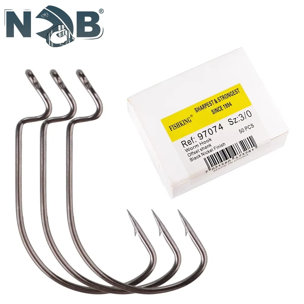 NGB 50 Stück Wurmhaken, versetzter Schaft, schwarzes Nickel, Fisch 97074 Jigkopfköder, Karpfenangeln, Angelhaken aus Kohlenstoffstahl mit Widerhaken und Ring