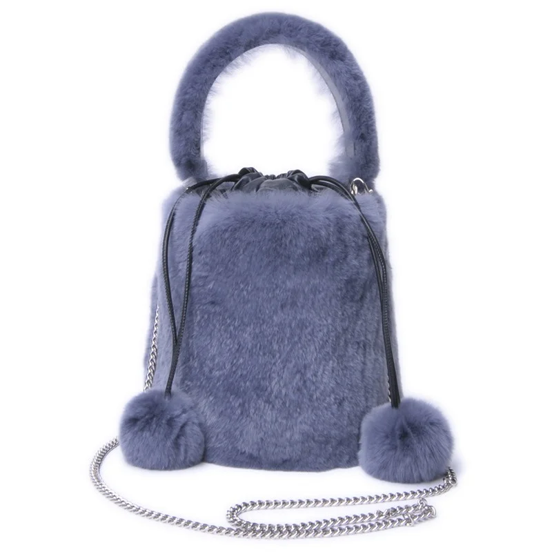 Women's Luxury Plush Bucket Bag High Quality Real Rex Rabbit Fur Shoulder Fur Bag Chain Decoration Can Crossbody Fur Bag