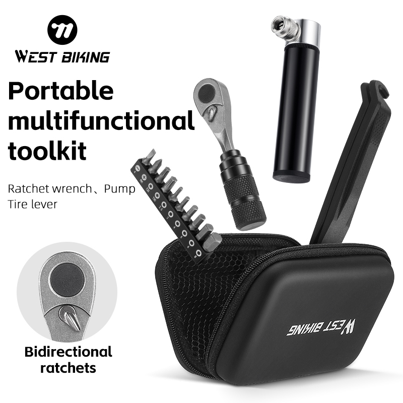 WEST BIKING Portable Toolkit Multifunctional Repair Tool Bag Ratchet Wrench Kit Tire Lever Mini Pump Tools Set Bike Accessories