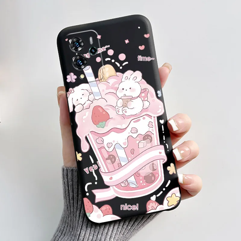 Aesthetic Pattern Black Silicone Phone Case - Love, Goldfish, & Rabbit Design, Shockproof Protection