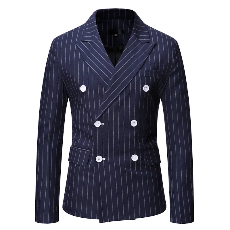 Men's Autumn New Dress Suit Men's Striped Casual Double-breasted Gun Barrel Collar Suit