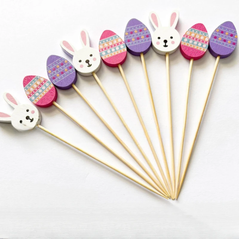 Easter Skewer Cartoon Bunny Egg Salad Stick Disposable Food Bamboo Toothpick 50/100Pcs