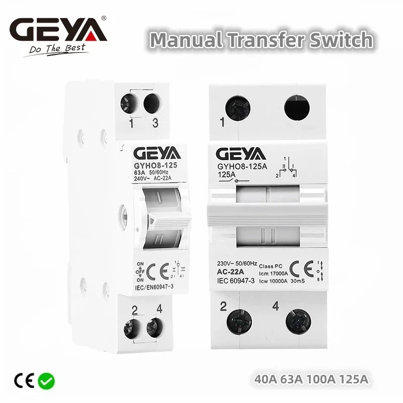 GEYA GYHO8 1P 63A 125A MTS Dual Power Manual Transfer Isolating Switch Interlock Circuit Breaker 220V~240VAC