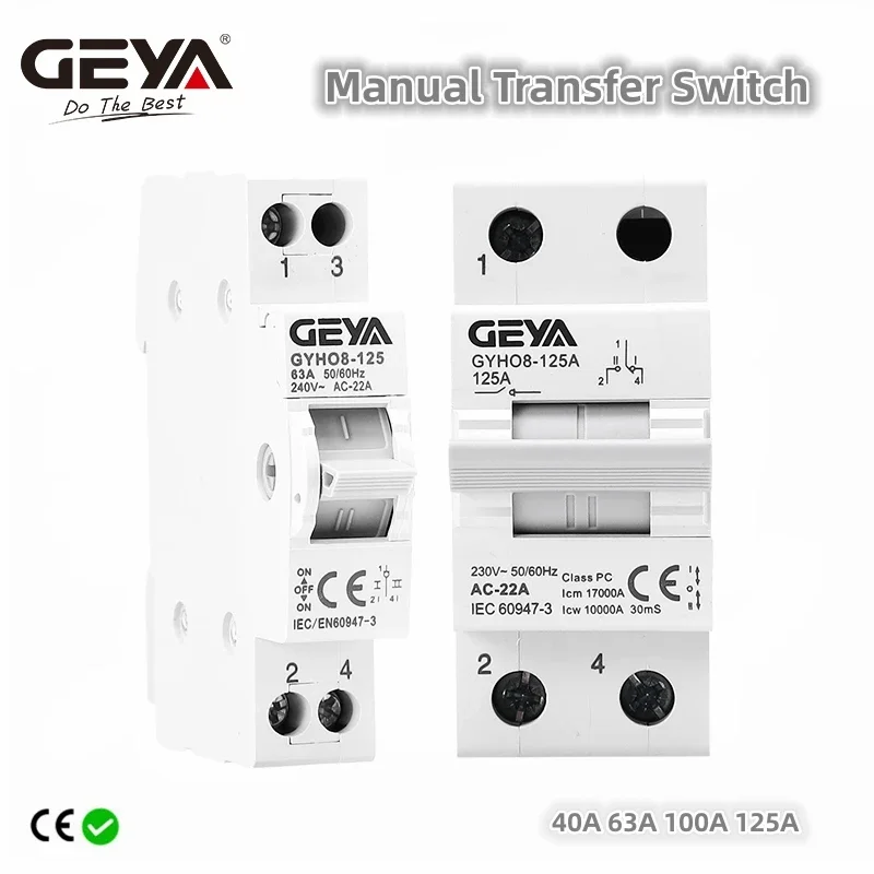 GEYA GYHO8 1P 40A 63A 100A 125A MTS Dual Power Manual Transfer Isolating Switch Interlock Circuit Breaker 220V~240VAC