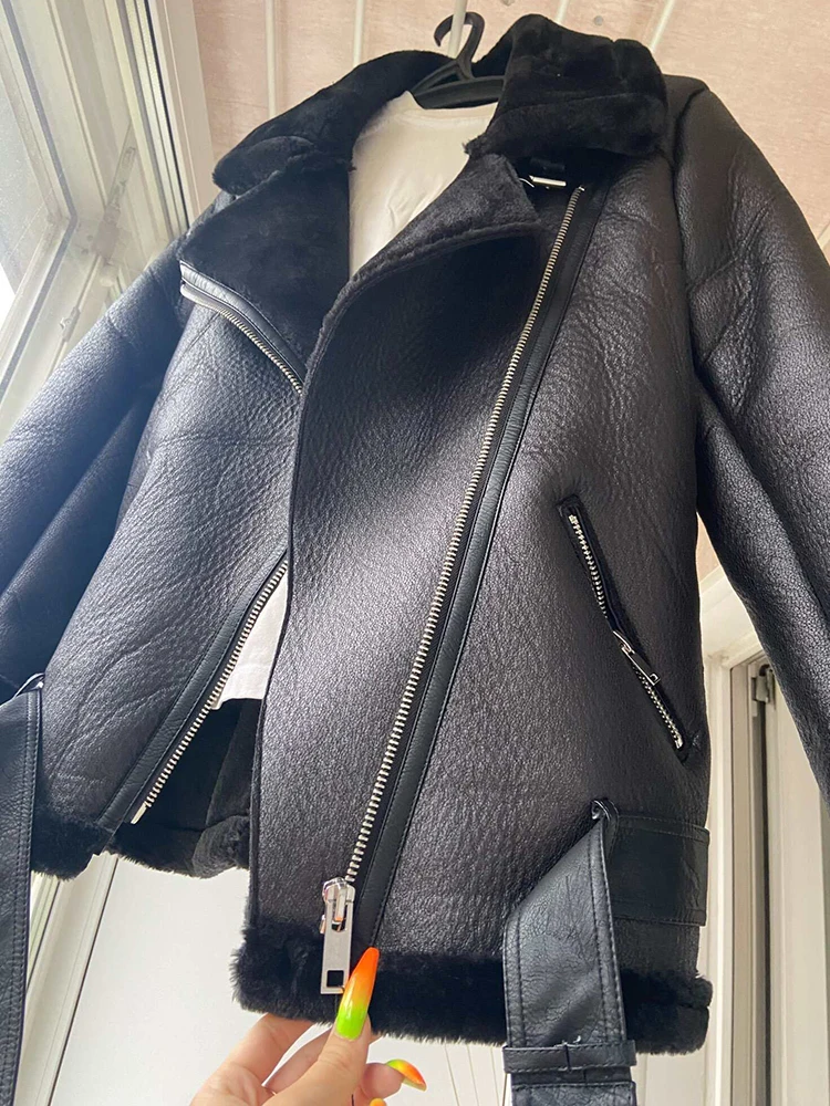 Ailegogo-Chaqueta de piel sintética con cinturón para mujer