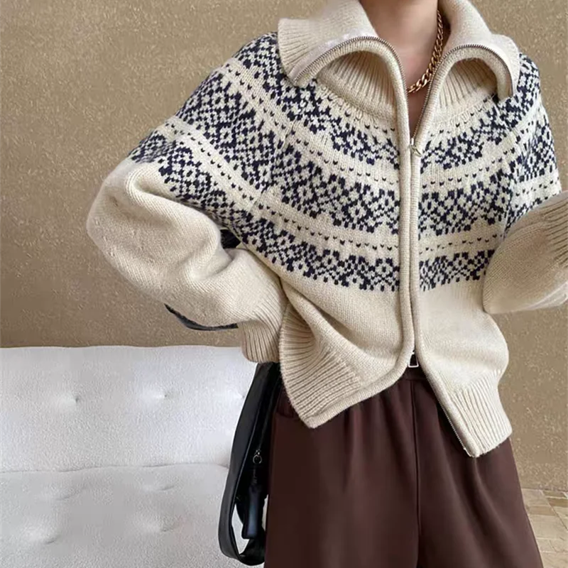 New Fashion Retro Women's Cardigan Knitted Sweater Long Sleeve Lapel Casual Women's Zipper Top Jacket