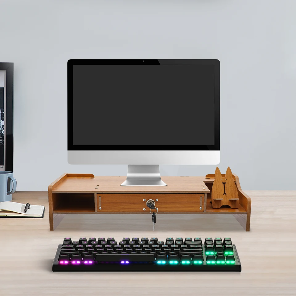 Ergonomic Computer Monitor Stand with Lockable Drawer