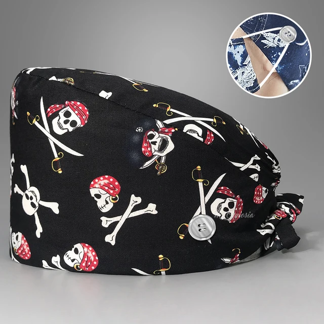 New Fashion Cotton Skull Cartoon Print Hat Adjustable Work Cap Beauty Salon Nursing Cap Male Surgical Hat Wholesale Scrub Caps 22208