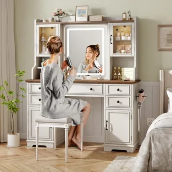 Vanity Desk with Mirror and Lights, Large Makeup Table Set with RGB Cabinets, 5 Drawers and 6 Storage Shelves Dressing Table 1