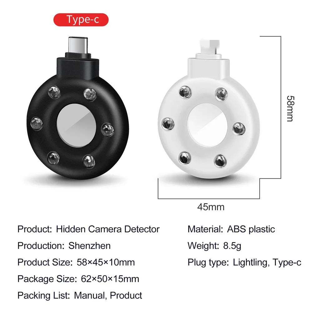 Hidden Camera Detector Infrared Camera Detector Camera Detector Type C Anti Candid Camera Detector For Outdoor Travel Hotel Rental Anti-Theft Camera LED IR Alarm Hidden Detector