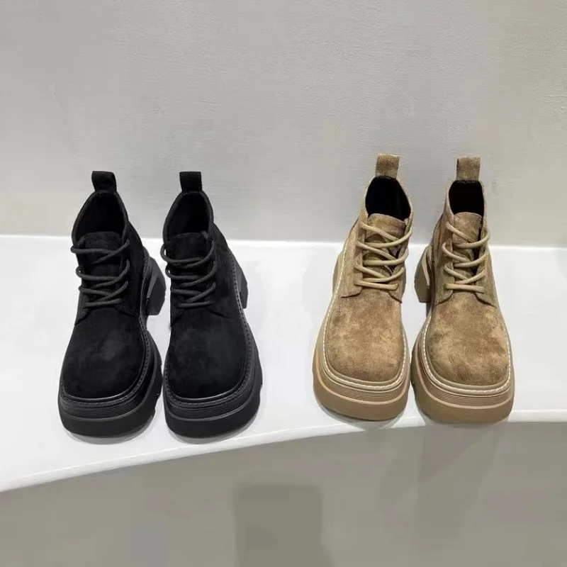 Flats Women's Boots Fall Boots Women's Round Lace Up Ankle Lolita Rock Ladies Retro Basic Solid Salad Women Boots Botas Mujer