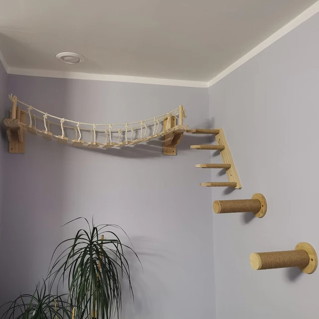 Wall Mounted Cat Bridge Cat Hammock with Wood Stairway or Scratching Post for Cats Perch and Playing Cat Indoor Playground