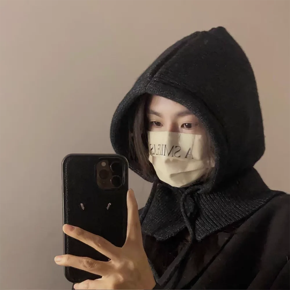2024 Winter Balaclava Hats For Women Unisex Knitted Hooded beanie Solid Color Slouchy Scarf One-Piece Outdoor Ear Protection Cap 4